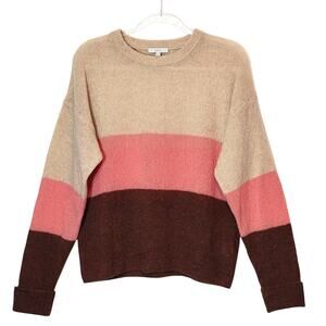 Joie Wool Colorblock Sweater Crew Neck Oversized Tan Brown Pink Fall Winter L